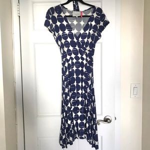 Leota purple white geometric circle print cap sleeve faux wrap dress with belt